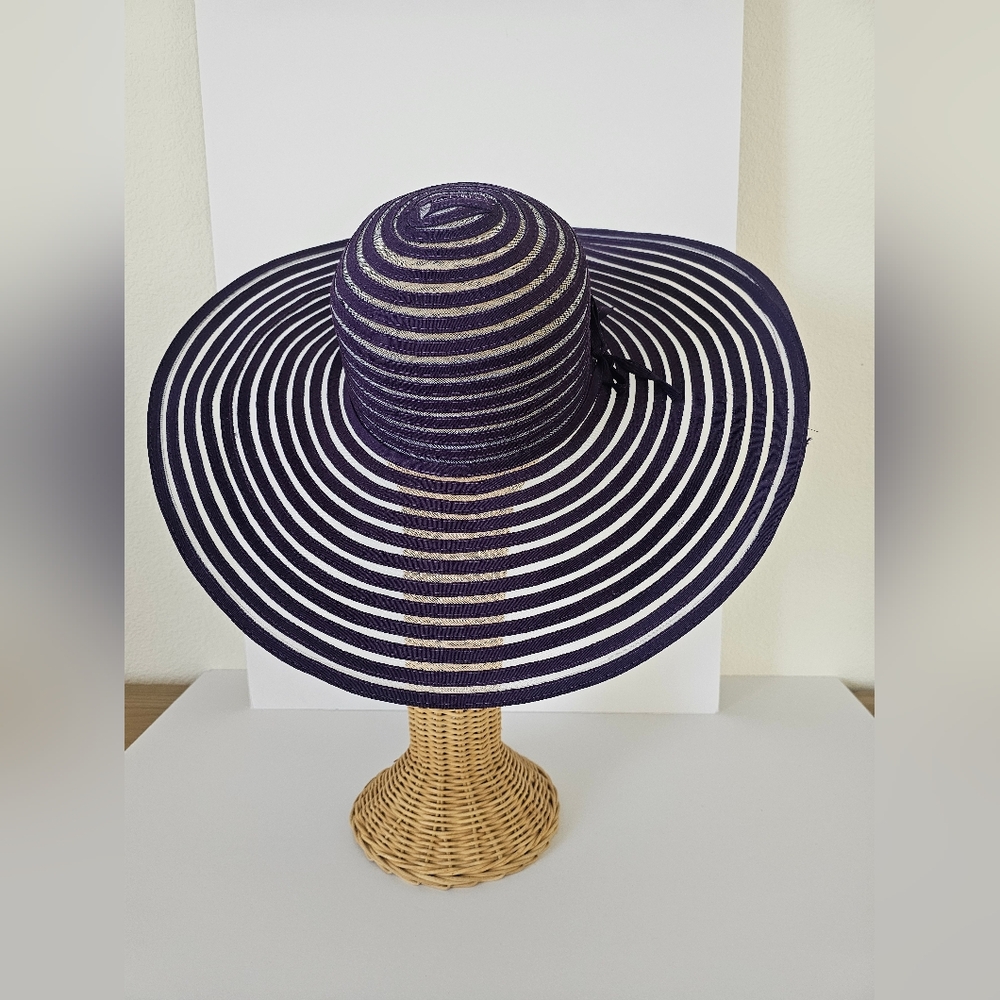 D&Y Purple Stripe Wide Brim Sun Hat - Oversized Mesh & Braid Floppy Beach Hat